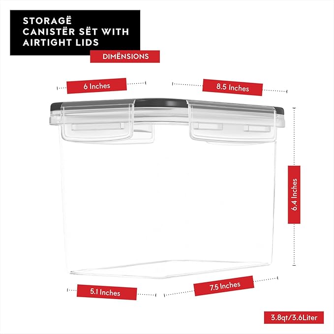 DWËLLZA KITCHEN Flour Sugar Storage Containers Set of 4 3.6L Plastic Airtight Food Storage Containers with Lids for Kitchen Pantry Organization and Storage - Dry Food Containers Labels &amp Marker