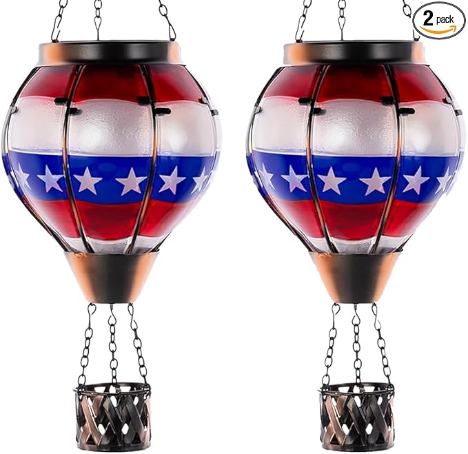 DREAMSOUL 2 PCS Flag Solar Hot Air Balloon Lantern with Flame Hanging Waterproof Solar Lanterns Outdoor Waterproof Flag Day for Patio Garden Decor Fourth of July Decorations
