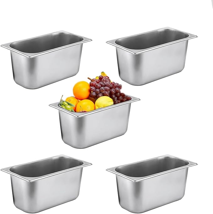 5 Pack Stainless Steel Hotel Pans1/3 Size6 Deep Steam Table PanCommercial Food Storage Containers Stackable Metal Steamer Pan for Hotel Restaurant Buffet Party (1/3 Size x 6 Deep)