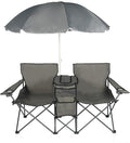 Double Folding Camping Chair W/Umbrella Fold Up Table Beverage Holder Carrying Bag Cooler for Patio Pool Park Outdoor Beach Picnic Portable (Grey)