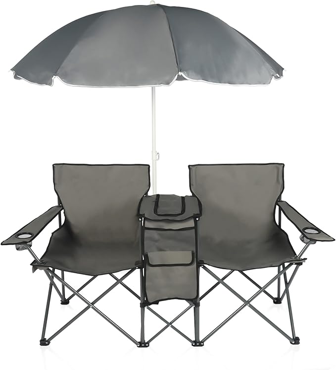 Double Folding Camping Chair W/Umbrella Fold Up Table Beverage Holder Carrying Bag Cooler for Patio Pool Park Outdoor Beach Picnic Portable (Grey)