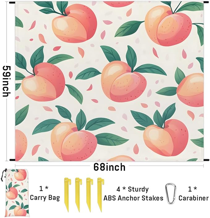 Waterproof Sandproof Beach Blanket 59''×68'' Spring Fruits Polyester Outdoor Picnic Blanket with 4 Stakes &amp Storage Bag for BeachCampingVacation Peach
