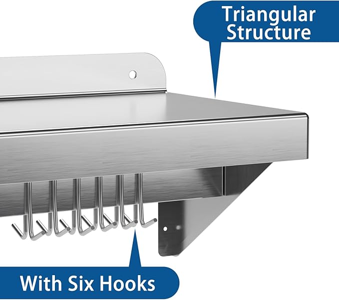 2 pack Metal Multifunctional Storage Rack with Backplash for Kitchen [NSF Certified] 12 x 36 Stainless Steel Wall Mount Shelf with 6 Hooks for Hanging Pots Panscookware in Home and