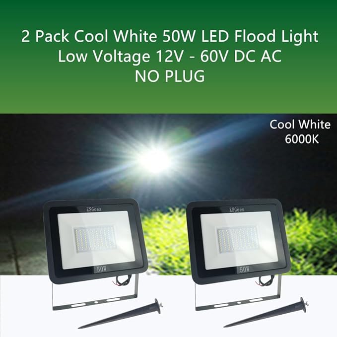 2 Pack Cool White 50W LED Flood Light Outdoor Waterproof IP65 Wall Security Landscape Lamp Home Square Yard Garage Street Pathway Spike Stand Low Voltage 12V 24V 36V 48V 60V DC AC