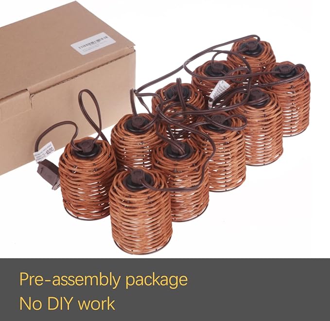Natural Rattan String Lights 10 Rustic Raffia Cage 13 Ft Plug in &amp Connectable Wicker LightsOven Brown Rattan