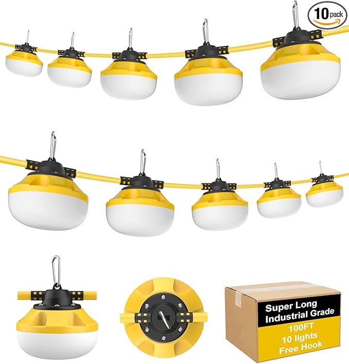 100FT LED Construction String Lights 10 Bulbs10000LMIndustrial GradeWeatherproof Linkable 5000K Super Bright for Job Sites Mining Patios &amp Outdoor WorkFree for Climbing Hook 2Prong