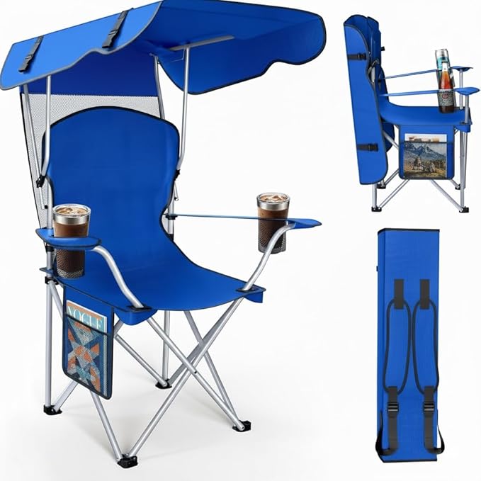 Portable Folding Camping Chairs with Canopy Shade Beach Chair for Adults Durable Weather Resistant 600D Oxford Cloth Camping Chair with Canopy for Outdoors [Blue]