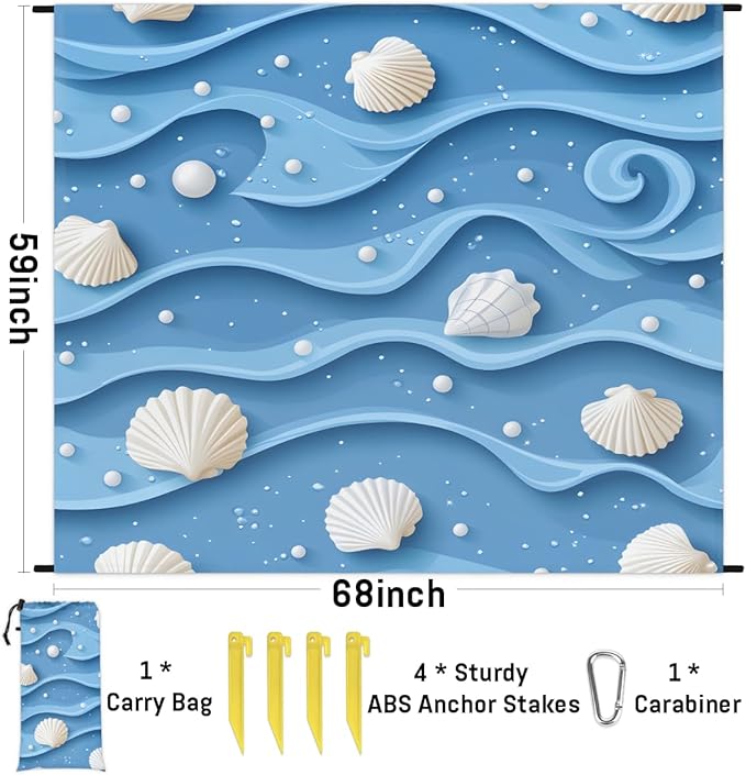 Waterproof Sandproof Beach Blanket 59''×68'' Textured Shell Pattern Polyester Outdoor Picnic Blanket with 4 Stakes &amp Storage Bag for BeachCampingVacation