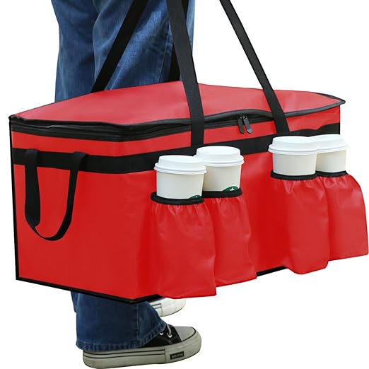 musbus Insulated Food Delivery Bag with Cup Holders/Drink Carriers Premium XXL Great for Beverages Grocery Pizza Commercial Quality Hot and Cold Red-bt 23W * 14D* 15H cup sleeve insulation