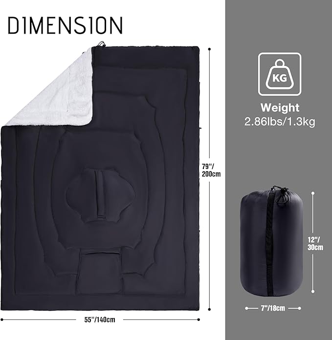 REDCAMP 4-in-1 Wearable Camping Poncho Blanket Waterproof Windproof Warm Outdoor Blanket with Hood &amp Pocket Lightweight Portable for Hiking Stadium Travel Black