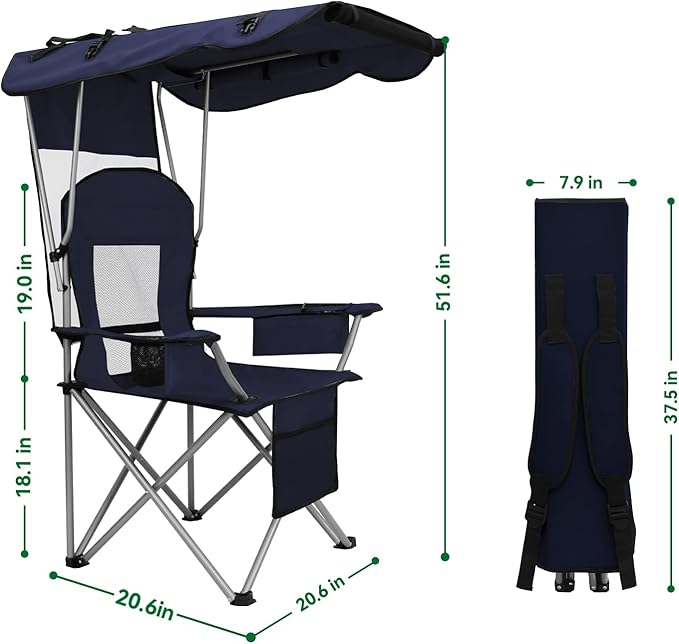 PLKO Camping Chairs with Canopy Portable Quad Lawn Chair for Adults Folding Recliner Chair with Cup Holder Outdoor Events and Shade- Support 330 LBS