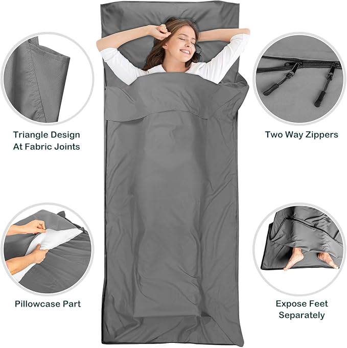 Sleeping Bag Liner Ultralight Silky Satin Adult Sleep Sack &amp Self Tan Sleep Sack with Two-Way-Zipper Single Camping Sheet &amp Travel Sheets for Hotel