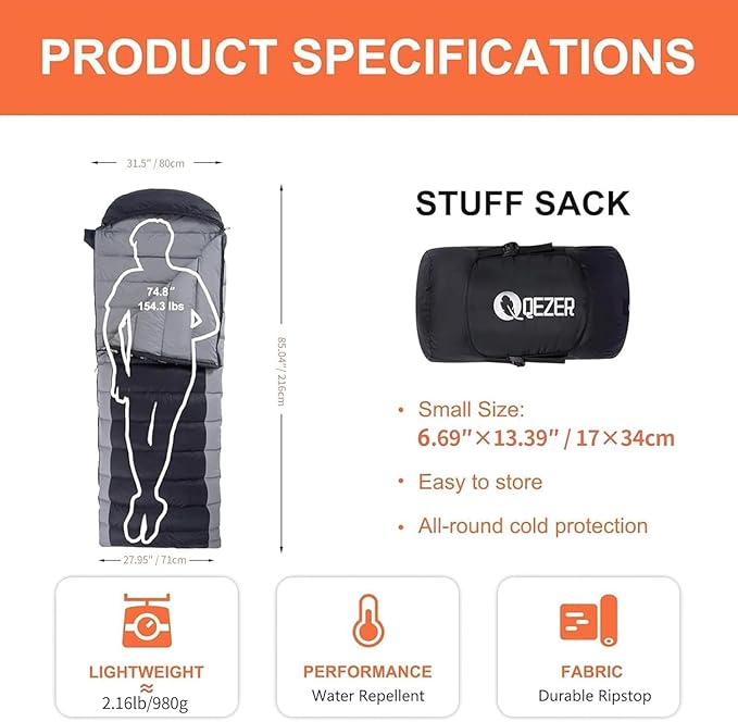 Ultralight Down Sleeping Bag for Adults - 600 Fill Power Cold Weather Backpacking Camping Hiking