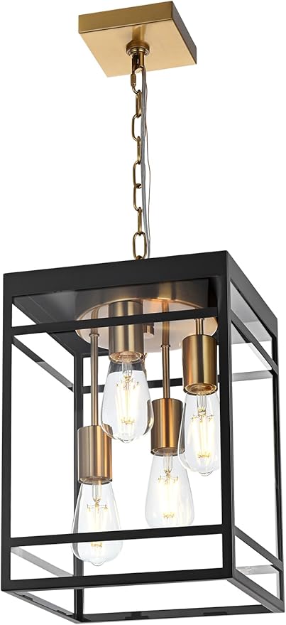 Large Outdoor Pendant Light Fixture for Porch Black Brass Outdoor Hanging Lantern Pendant Light with Clear Glass 4 Lights Exterior Porch Chandelier for Outside PatioFront DoorEnterway