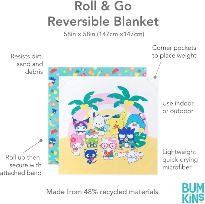Bumkins Throw Blanket Towel Baby Toddler and Kids Travel Beach Picnic Outdoor Indoor Play Soft Lightweight Microfiber Resists Sand and Debris Reversible 58in x 58in – Hello Kitty