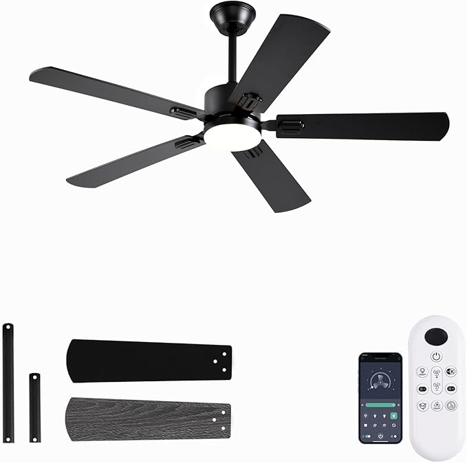 52 inch Modern Ceiling Fans with Lights APP/Remote Control Low Profile Reversible 6 Speeds Ceiling Fan Light for Indoor/Outdoor Patio Bedroom Living RoomBlack