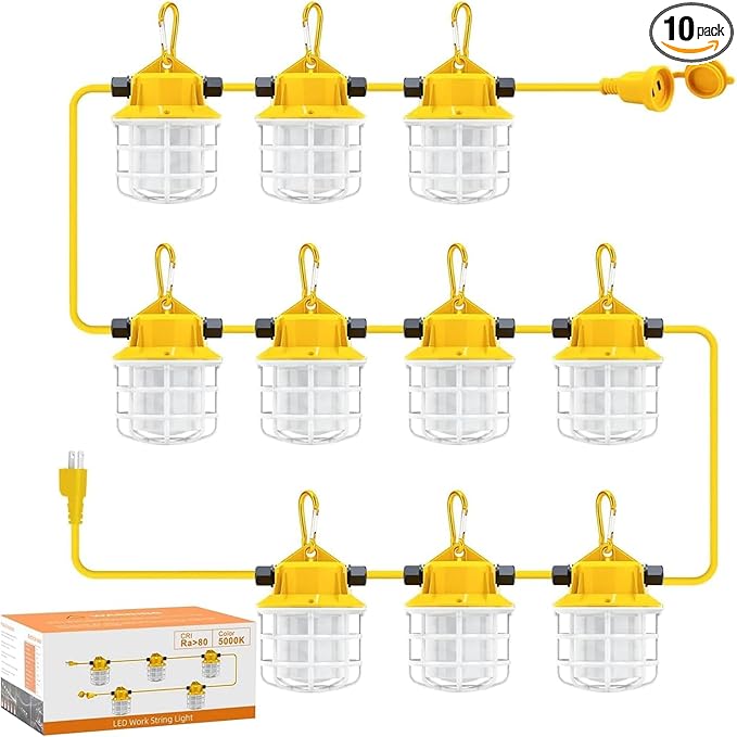 100ft LED Construction String LightsSuper Bright 150W 15000LM Waterproof IP65 Led String Work Lights Construction Temporary Lights (100ft-10lights)