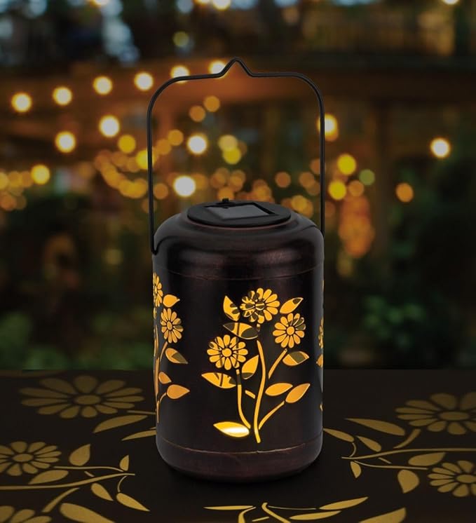 Regal Art &amp Gift Solar Flower Shadow Lantern Outdoor Waterproof Garden Décor Ideal Gift for Women Mom Grandma – Hanging Metal Solar Lights for Yard Patio Backyard Porch Gold
