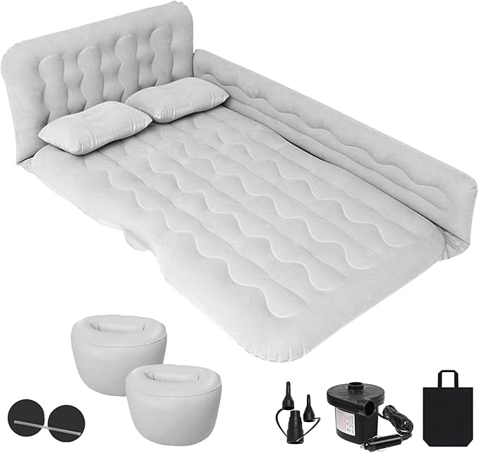 ISWEES Car Bed SUV Air Mattress Car Air Mattress with Electric Pump 2 Inflatable Pillows and 2 Footrests for Back Seat Side SeatTrunk Sleeping Thickened Camping Bed - Grey