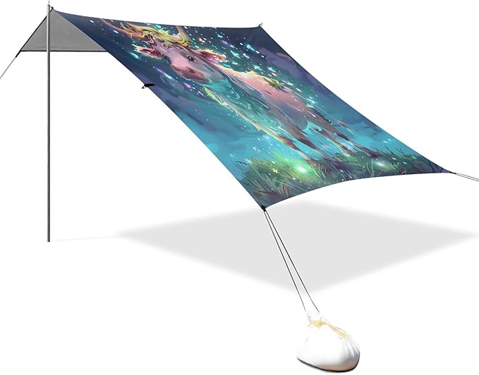 ALAZA Cow Butterfly Starry Beach Tent Sun Shelter UPF50+ Protection Beach Shade Canopy w/ 4 Sandbags for Outdoor Camping Fishing Backyard Fun Picnic 10x9 ft
