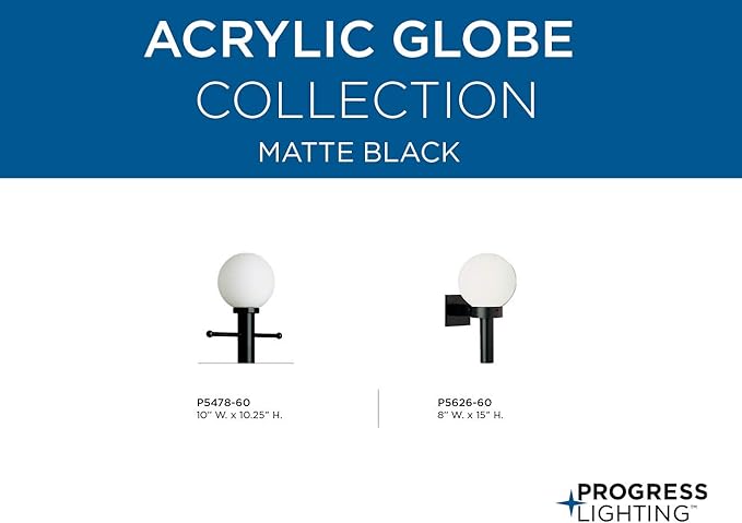 Progress Lighting Acrylic Globe 1-Light Shatter-Resistant Acrylic Shade Modern Outdoor Wall Lantern Light Outdoor P5626-60 Matte Black