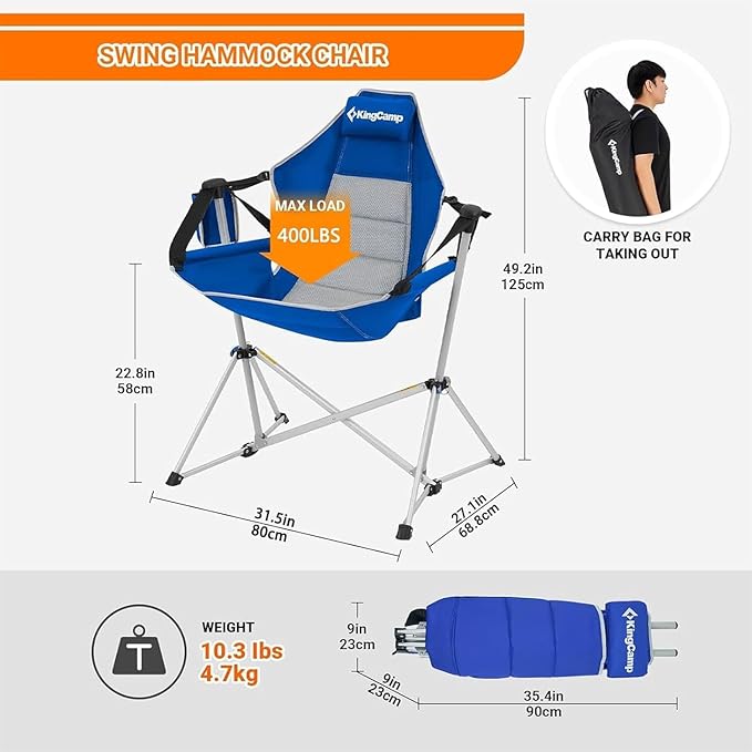 KingCamp Hammock Camping Chair Swinging Portable Folding Camp Chairs for Adults Max 400lbs Heavy Duty Foldable Oversized Rocker with Aluminum Alloy Frame Cup Holder for Outdoor Beach Patio Sport