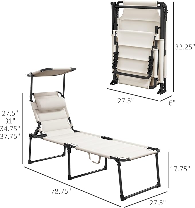 2 Pcs Outdoor Lounge Chair Adjustable Backrest Folding Chaise Lounge Cushioned Tanning Chair w Sunshade Roof Pillow Headrest for Beach Camping Hiking Cream White