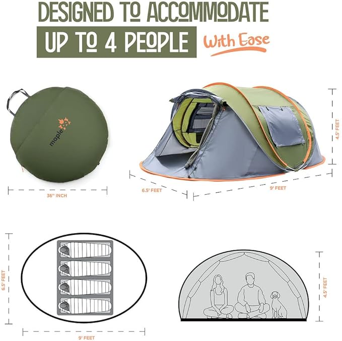 4 Person Pop Up Tent for Camping - Lightweight &amp Portable Easy Quick Set-Up 2 Doors Lantern Hook Storage Pockets Carry Bag for Outdoor Hiking Travel
