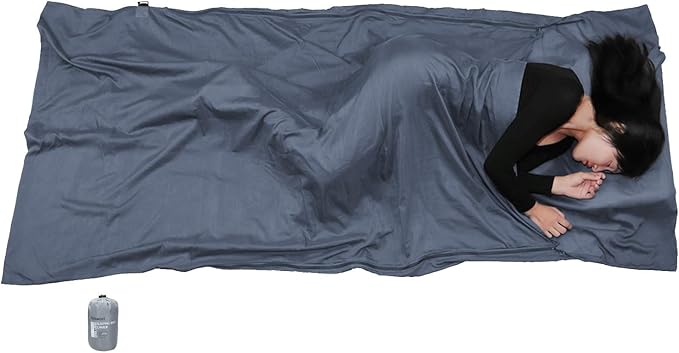 Browint Silk/Cotton Travel Sheet with Double Zippers 87x43 Extra Wide Sleep Sack for Hotels Lightweight Sleeping Bag Liner for Camping Traveler Rectangular with Pillow Pocket …