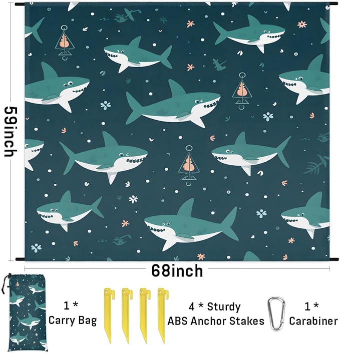 Waterproof Sandproof Beach Blanket 59''×68'' Sharks Polyester Outdoor Picnic Blanket with 4 Stakes &amp Storage Bag for BeachCampingVacation Oceans