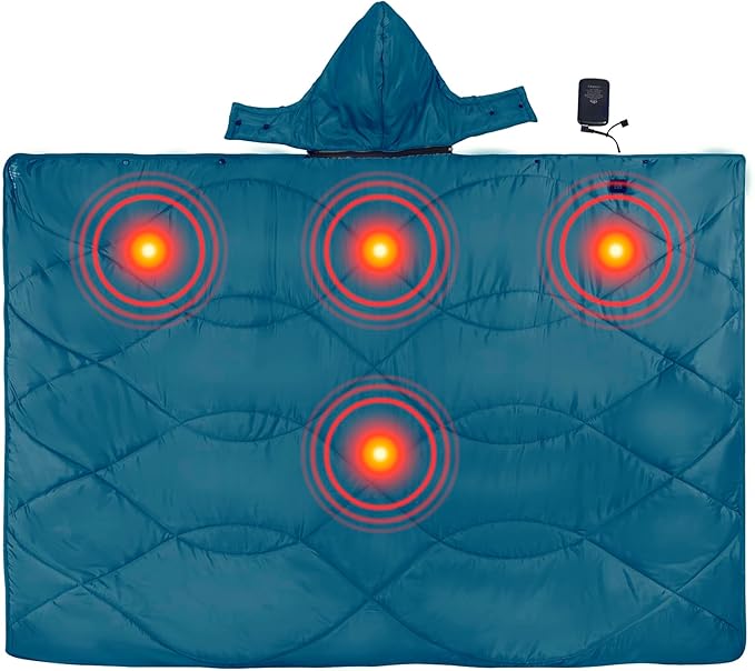iClimb Heated Camping Blanket with Hood and 5V 5000mAH Battery Pack (Blue)