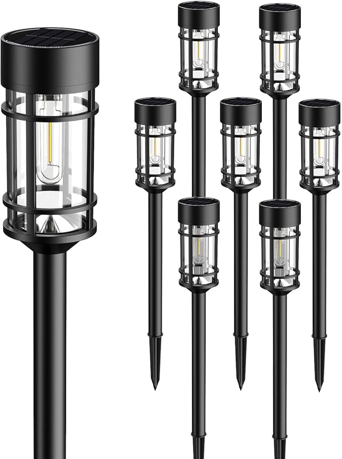 Solar Lights Outdoor Waterproof 8 Pack 21 Solar Pathway Lights with Metal &amp Glass Auto On/Off Garden Lights for Yard Landscape Driveway Walkway