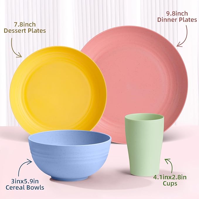 32 pcs Unbreakable Lightweight Wheat Straw Dinnerware Sets for 8 Reusable Kids Plates and Bowls Sets Non Toxic Microwave and Dishwasher Safe Plastic Dishes Set Camping RV Picnic Dishes