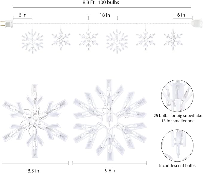 Snowflake Christmas String Lights with 6 Drops - 9ft 100 Mini Bulb Icicle Lights with Hooks Plug-in Connectable Hanging Lights for Christmas Home Indoor Outdoor Party Wedding Holiday Décor (1 Pack)