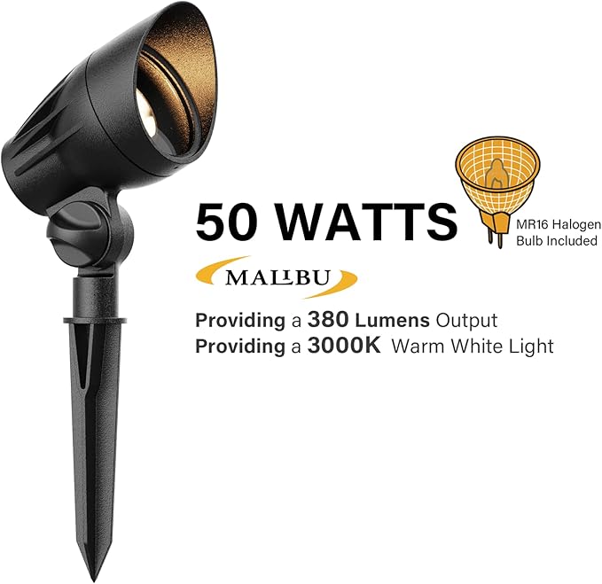 Malibu 50 Watt Floodlight Landscape Lights Outdoor Spotlight Waterproof Path Light Low Voltage Lighting with Spike Stand for Garden Yard Pathway Lawn Driveway Outdoor Lighting 8301-9601-01