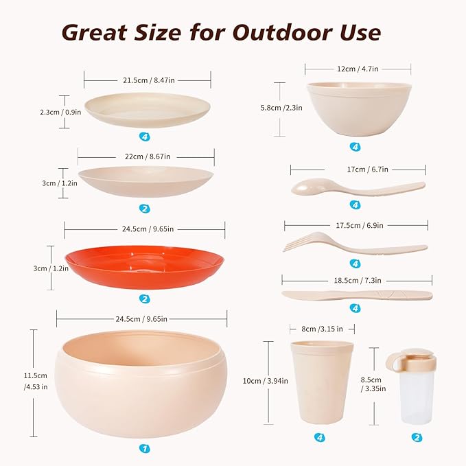 Camping Dishes Picnic Set Camping Plates Cups and Bowls Set 31 PCS Plastic Dish Set for 4 Portable Dinnerware Set for BBQ RV Travel Dorm Camping Mess Kit Picnic Essentials Not Microwave Safe