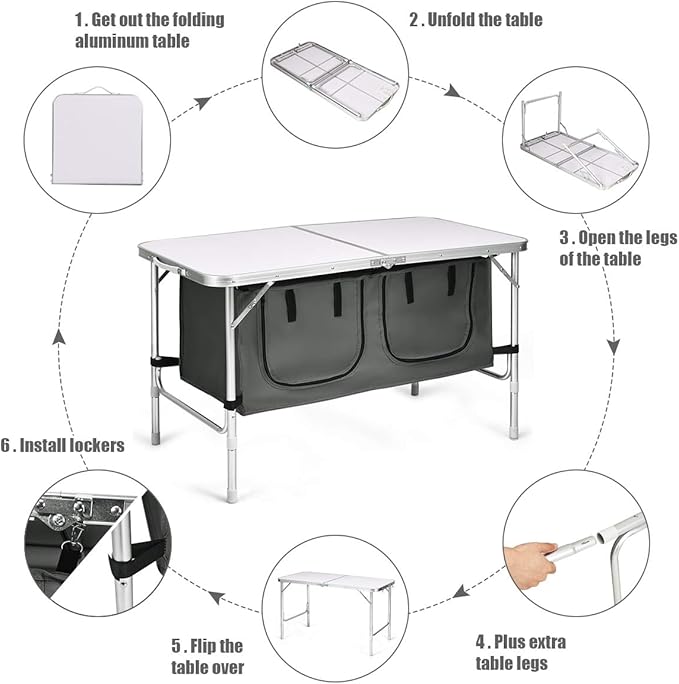 Goplus Folding Camping Table with Storage Aluminum Outdoor Camp Table with 2-Level Adjustable Height Lightweight Portable Foldable Picnic Table for Tailgating Beach BBQ Party RV