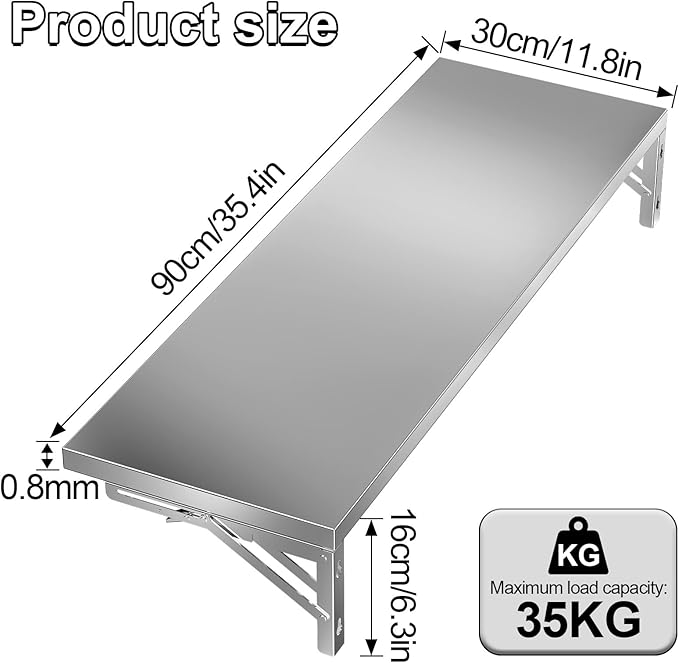 36-Inch Stainless Steel Folding Concession Shelf Wall-Mounted Floating Shelf with 35Kg Load Capacity Commercial Serving Shelf for Kitchen Restaurant Food Truck