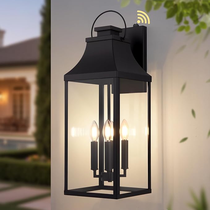 tewei 25'' Dusk to Dawn Outdoor Wall Light Large Black Outdoor Porch Light Waterproof Patio Lanterns Exterior Wall Mount Lighting Fixtures 4-Light Outside Garage Sconces for House Front 1-Pack