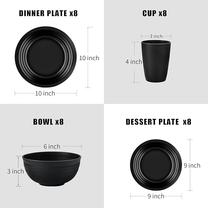 32 pcs Wheat Straw Dinnerware Sets Kitchen Plates and Bowls Sets for 8 Plastic Plates Reusable Dishes Set Outdoor Camping and Dinning Essentials Dishwasher Safe Black