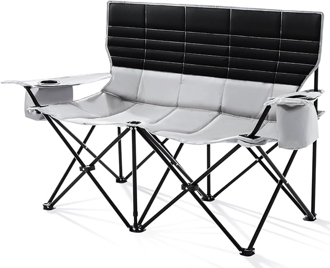 Double Camping Chair for Adults Folding Loveseat 2 Person Camping Couch with Cooler Bag Heavy Duty Oversized Lawn Chair Support 550 lbs for Outdoor Sports Fishing Beach Travel Picnic Gray
