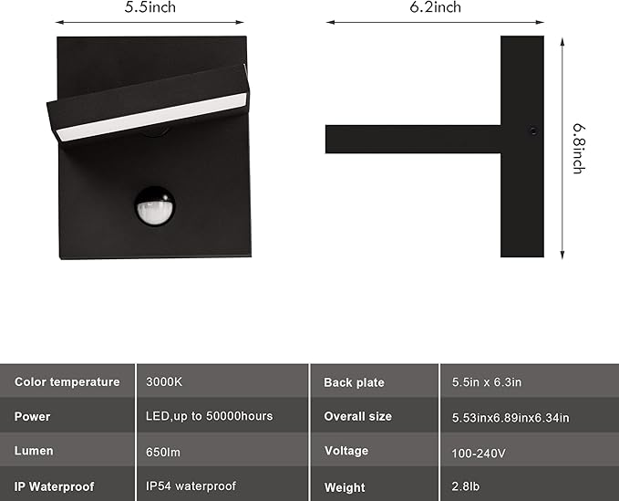 Motion Sensor Ourdoor Wall Sconce Light LED Exterior Light Fixture Black Modern Front Porch Light Wall Mount Lamp IP54 Waterproof for House Garden Garage Patio3000K 650LM
