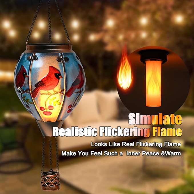 Hot Air Balloon Solar Lantern - Cardinal Bird Glass Lantern Simulated Flickering &amp Dancing Flame Outdoor Hanging Yard Light Waterproof IP65 for Patio Lawn Porch Decor Gift