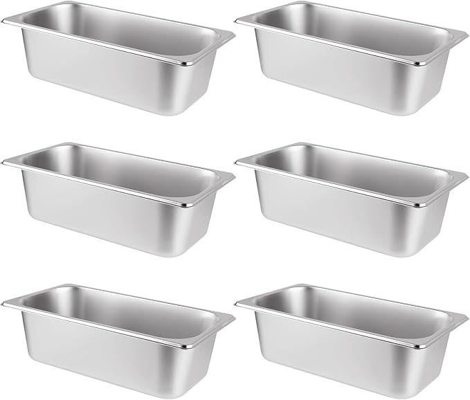 6PCS Hotel Pans Stainless Steel Steam Table Pan 1/3 Size 4 Inch Deep Steam Pan Catering Storage Metal Food Catering Tray for Hotel Restaurant Buffet Party