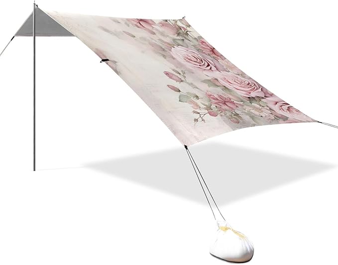 Beach Tent Sun Shelter Pink Elegant Peony Lightweight &amp Easy Setup Beach Shade Canopy for Camping Fishing