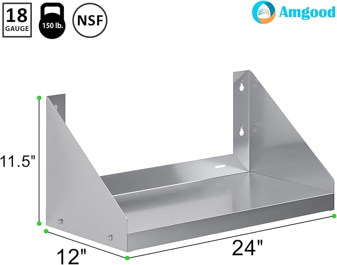 AmGood Stainless Steel Wall Shelf with Side Guards (24 Long x 12 Deep)