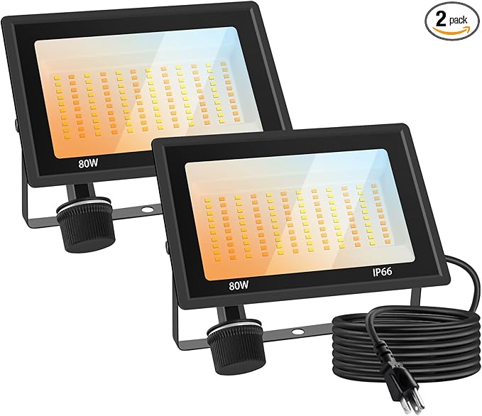 80W LED FloodLights Outdoor 2 Pack 10000LM 3CCT 3000K 4500K 6000K Selectable IP66 Waterproof Outdoor Security Flood Light for Yard Garden Garage