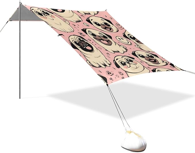 Happy Pug Dog Pink Camping Sun Shelter Beach Tent Portable Beach Sun Shade Outdoor Canopy for Camping Trips Fishing Picnic