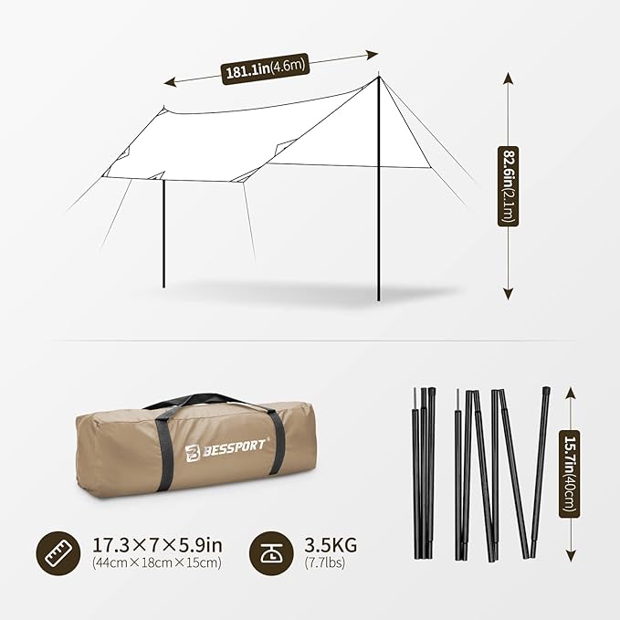 Bessport Camping Tarp 16×9.8FT with 2 Poles Portable Multifunctional Backpacking PU 3000mm Waterproof Rain Fly Hammock Tarp for OutdoorTraveling Hilking