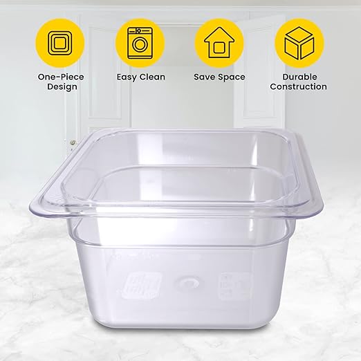6-Pack 6-Inch Deep Clear Polycarbonate Food Pans - 1/6 Size Commercial Hotel Pans (6.9 x 6.3) 2.3 Qt Capacity NSF Certified for Restaurants Hotels &amp Catering